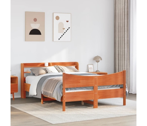 Estructura cama con cabecero madera pino marrón cera 135x190 cm