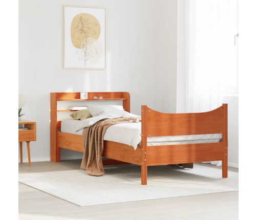 Estructura cama con cabecero madera pino marrón cera 75x190 cm