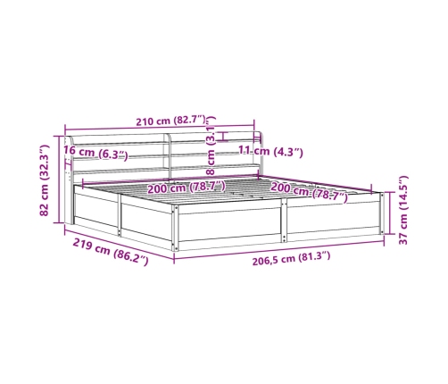 Estructura de cama con cabecero madera maciza de pino 200x200cm