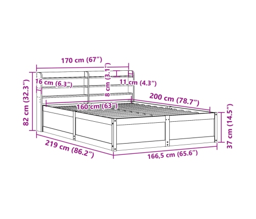 Estructura de cama con cabecero madera maciza pino 160x200 cm