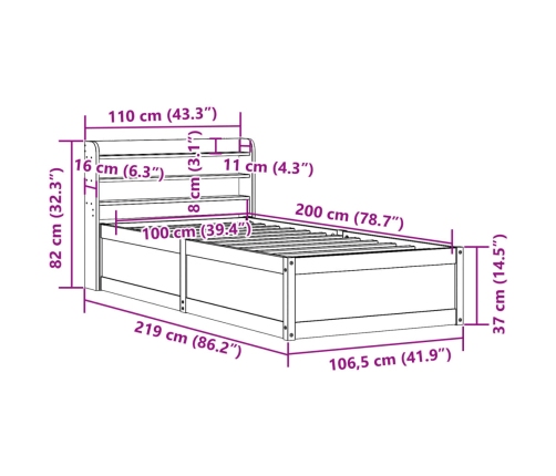 Estructura de cama con cabecero madera maciza pino 100x200 cm