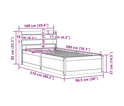 Estructura de cama con cabecero madera maciza de pino 90x200 cm