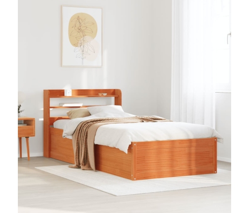 Estructura cama con cabecero madera pino marrón cera 90x200 cm