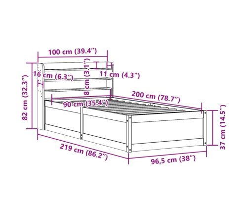 Estructura cama con cabecero madera pino marrón cera 90x200 cm