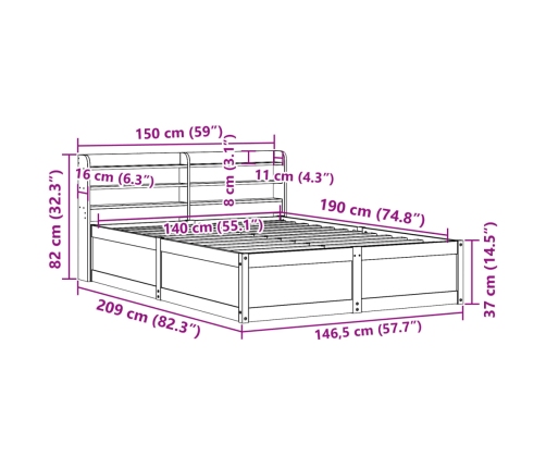 Estructura de cama con cabecero madera maciza pino 140x190 cm