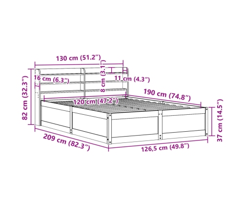 Estructura cama con cabecero madera pino marrón cera 120x190 cm