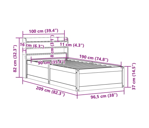 Estructura de cama con cabecero madera pino blanco 90x190 cm