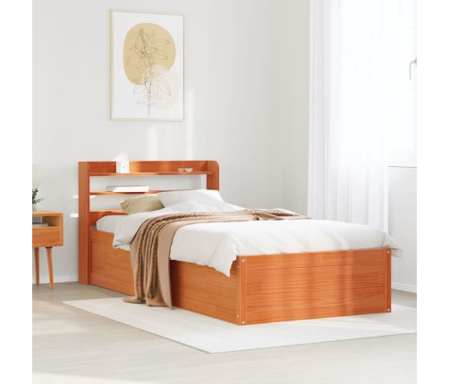 Estructura cama con cabecero madera pino marrón cera 90x190 cm