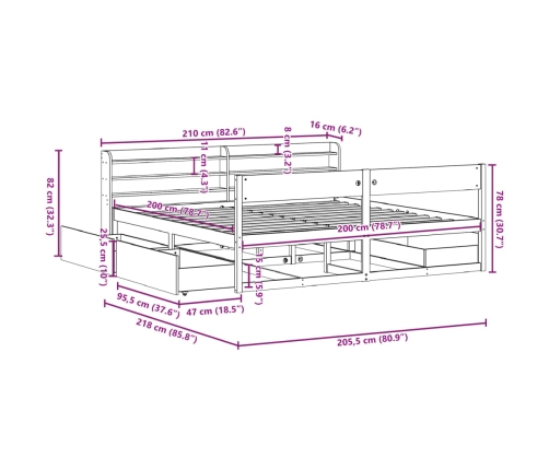 Estructura de cama sin colchón madera maciza de pino 200x200 cm