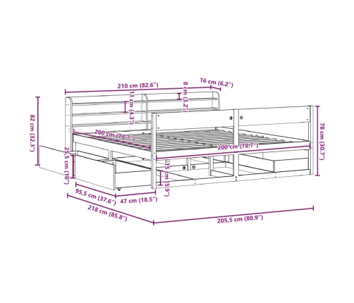 Cama sin colchón madera maciza de pino marrón cera 200x200 cm