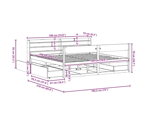 Cama sin colchón madera maciza de pino marrón cera 180x200 cm