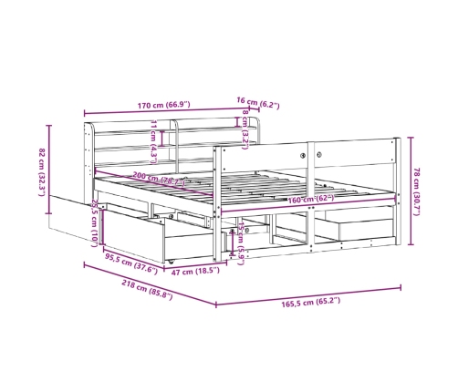 Cama sin colchón madera maciza de pino marrón cera 160x200 cm