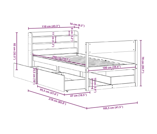 Cama sin colchón madera maciza de pino marrón cera 100x200 cm