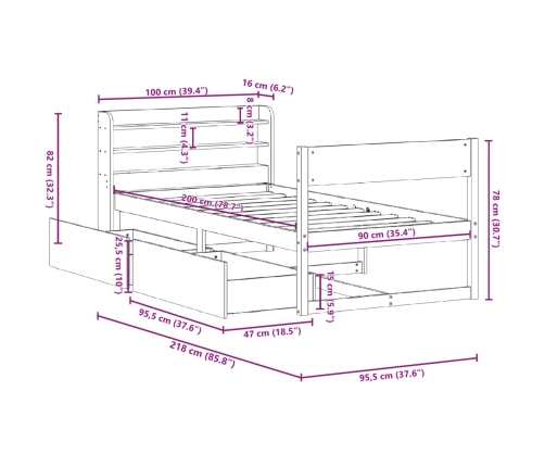 Estructura de cama sin colchón madera maciza de pino 90x200 cm