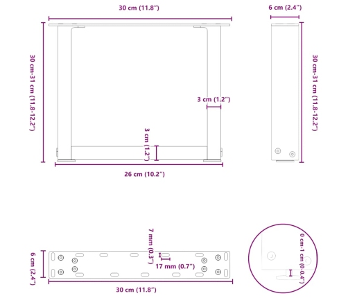 Patas de mesa de centro forma U 2uds acero blanco 30x(30-31) cm