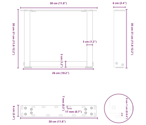 Patas de mesa centro forma U 2uds acero natural 30x(30-31) cm