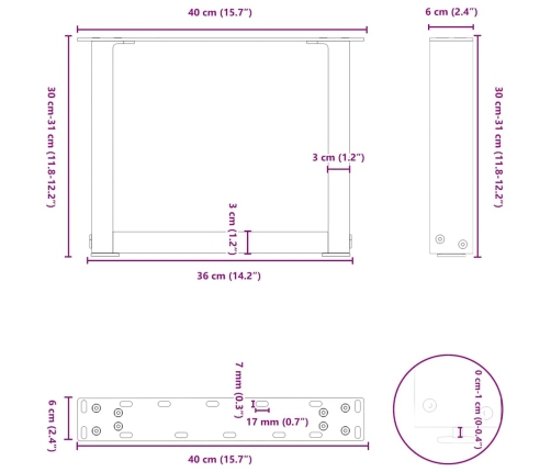 Patas de mesa centro forma U 2uds acero antracita 40x(30-31) cm