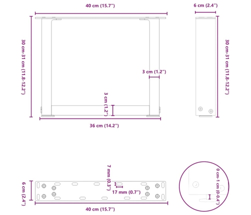 Patas de mesa centro forma U 2uds acero natural 40x(30-31) cm