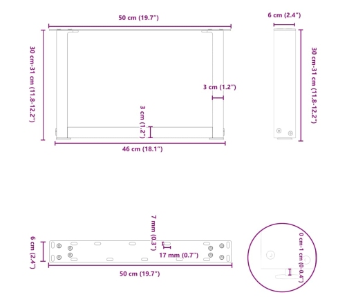 Patas de mesa de centro forma U 2uds acero negro 50x(30-31) cm