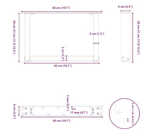 Patas de mesa de centro forma U 2uds acero blanco 50x(30-31) cm