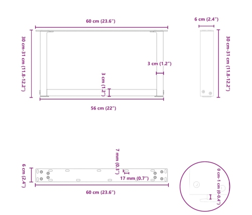 Patas de mesa de centro forma U 2uds acero negro 60x(30-31) cm