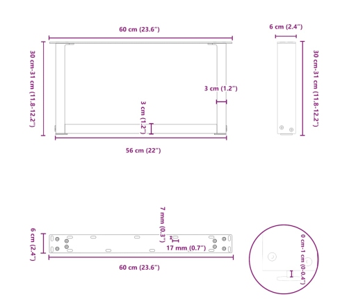 Patas de mesa centro forma U 2uds acero antracita 60x(30-31) cm