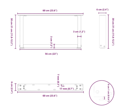 Patas de mesa centro forma U 2uds acero natural 60x(30-31) cm