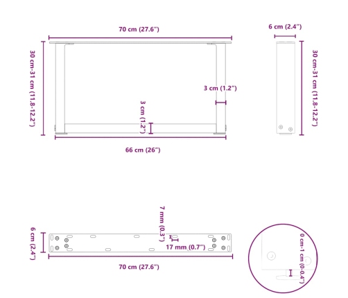 Patas de mesa de centro forma U 2uds acero negro 70x(30-31) cm