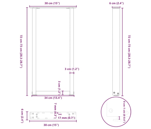 Patas mesa centro forma U 2uds acero natural 38x(72-73)cm acero