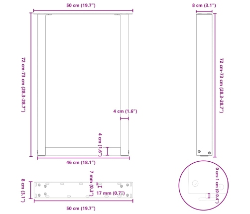 Patas para mesa comedor forma U 2uds acero negro 50x(72-73)cm