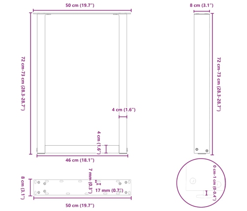 Patas para mesa comedor forma U 2uds acero blanco 50x(72-73) cm