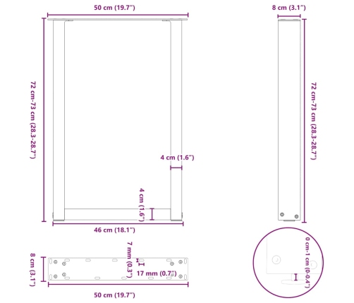 Patas para mesa comedor forma U 2uds acero natural 50x(72-73)cm