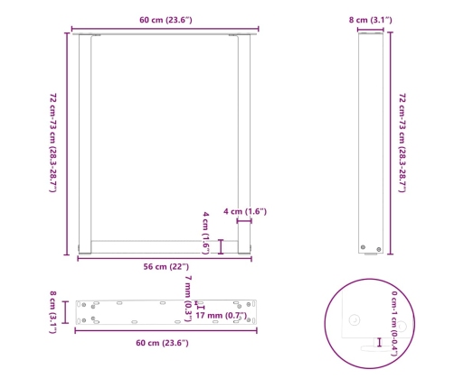 Patas mesa centro forma U 2uds acero natural 60x(72-73)cm acero