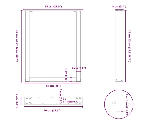 Patas mesa centro forma U 2uds acero natural 70x(72-73)cm acero