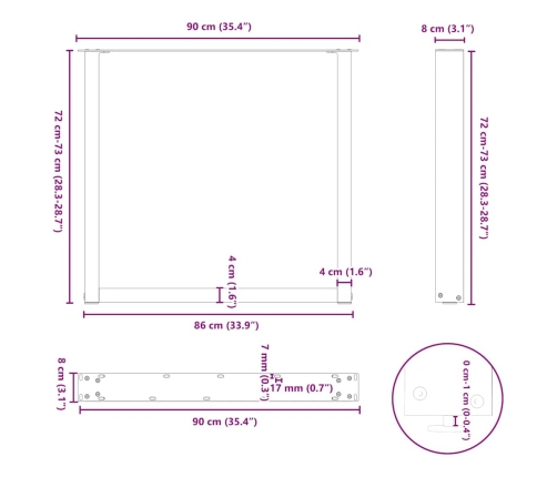 Patas para mesa comedor forma U 2uds acero natural 90x(72-73)cm