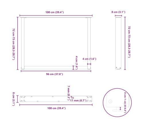 Patas mesa comedor forma U 3uds acero natural 100x(72-73) cm
