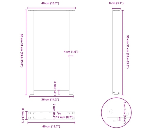 Patas de mesa centro forma U 2uds acero natural 40x(90-91) cm