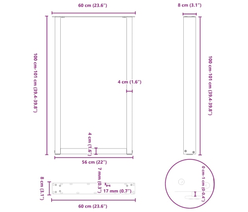 Patas de mesa de centro forma U 2uds acero negro 60x(100-101)cm