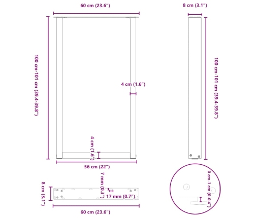 Patas de mesa centro forma U 2uds acero natural 60x(100-101) cm