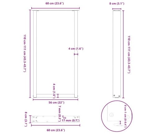 Patas de mesa de centro forma U 2uds acero negro 60x(110-111)cm