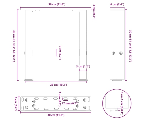 Patas de mesa de centro blanco 2uds acero 30x(30-31) cm