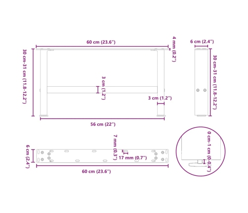 Patas de mesa de centro negro 2uds acero 60x(30-31) cm