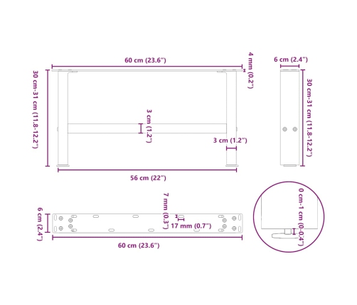 Patas de mesa de centro blanco 2uds acero 60x(30-31) cm