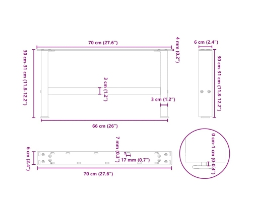 Patas de mesa de centro negro 2uds acero 70x(30-31) cm