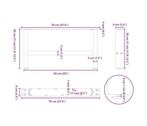 Patas de mesa de centro antracita 2uds acero 70x(30-31) cm