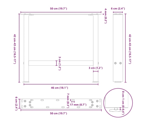 Patas para mesa de centro de acero natural 2 uds 50x(42-43) cm