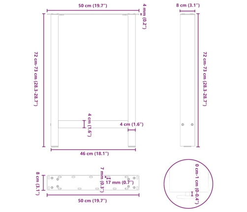 Patas para mesa de centro de acero natural 2 uds 50x(72-73) cm