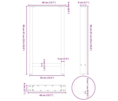 Patas de mesa de centro acero blanco 2 uds 40x(90-91) cm