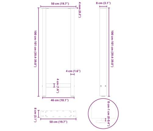 Patas de mesa de centro acero negro 2 uds 50x(100-101) cm