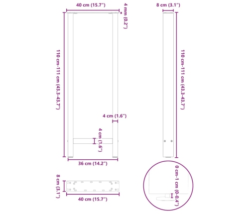 Patas de mesa de centro acero blanco 2 uds 40x(110-111) cm